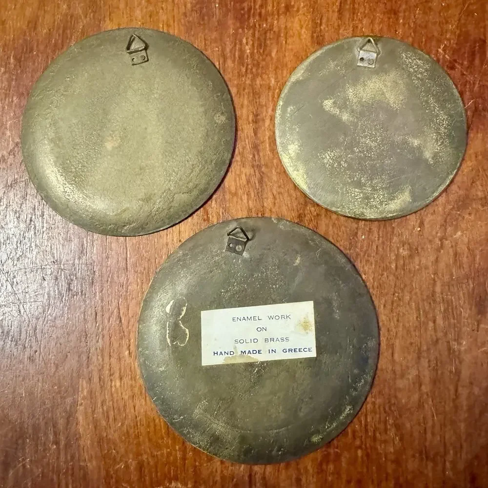 Vintage Greek Enamel Solid Brass Wall Plaques Handmade Greece Set of 3